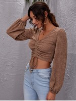 Lantern Sleeve Drawstring Knot Front Crop Top