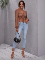 Lantern Sleeve Drawstring Knot Front Crop Top