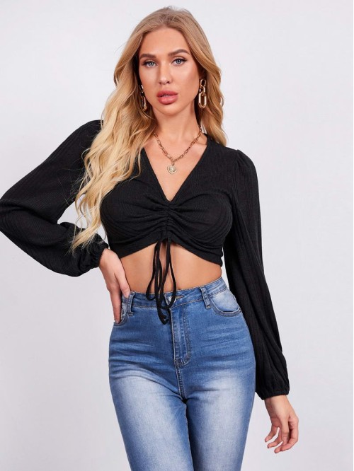 Lantern Sleeve Drawstring Knot Front Crop Top