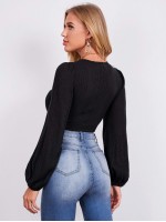 Lantern Sleeve Drawstring Knot Front Crop Top