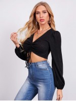 Lantern Sleeve Drawstring Knot Front Crop Top