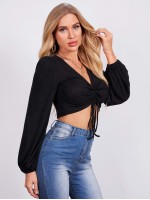 Lantern Sleeve Drawstring Knot Front Crop Top