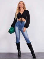 Lantern Sleeve Drawstring Knot Front Crop Top