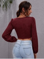 Lantern Sleeve Drawstring Knot Front Crop Top