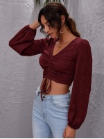 Lantern Sleeve Drawstring Knot Front Crop Top