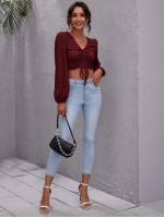 Lantern Sleeve Drawstring Knot Front Crop Top