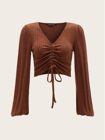 Lantern Sleeve Drawstring Knot Front Crop Top