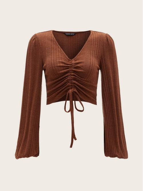 Lantern Sleeve Drawstring Knot Front Crop Top