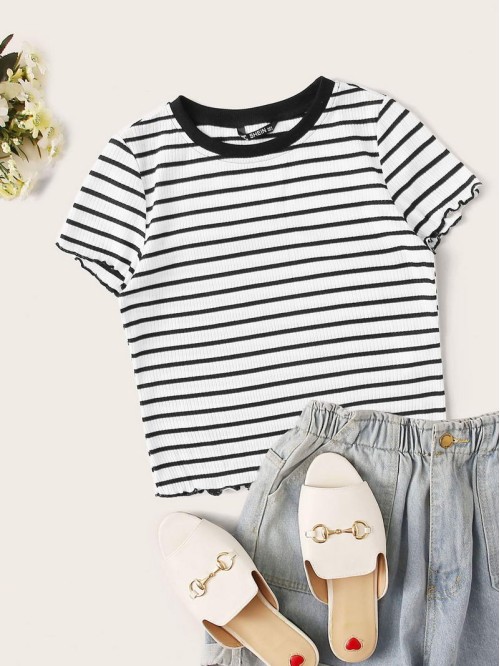 Lettuce Edge Striped Rib-knit Tee