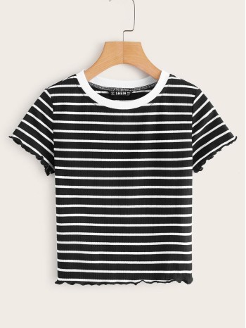 Lettuce Edge Striped Rib-knit Tee