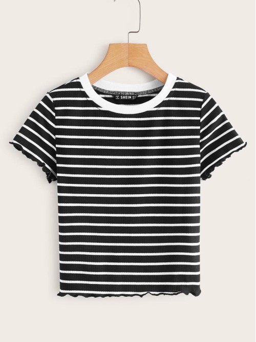 Lettuce Edge Striped Rib-knit Tee