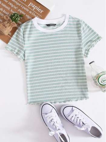 Ribbed Striped Lettuce-Edge Cropped Tee