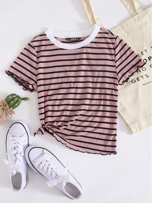 Ribbed Striped Lettuce-Edge Cropped Tee