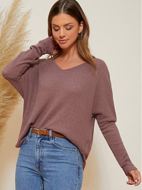 V-neck Drop Shoulder Waffle Knit Tee