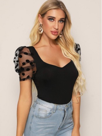 Sweetheart Neck Dobby Mesh Sleeve Top