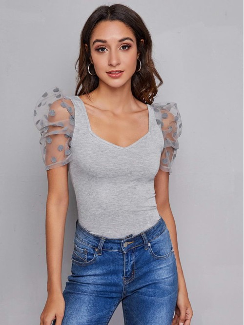 Sweetheart Neck Dobby Mesh Sleeve Top