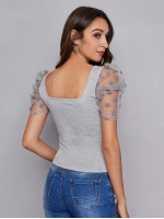 Sweetheart Neck Dobby Mesh Sleeve Top