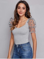 Sweetheart Neck Dobby Mesh Sleeve Top