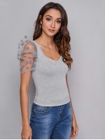 Sweetheart Neck Dobby Mesh Sleeve Top