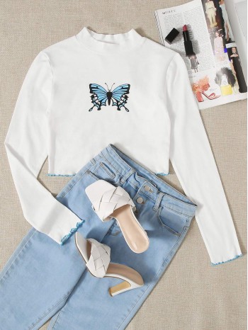 Butterfly Print Contrast Lettuce Edge Top