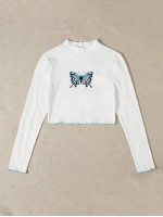 Butterfly Print Contrast Lettuce Edge Top