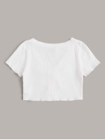 Button Front Rib-knit Crop Tee