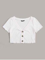 Button Front Rib-knit Crop Tee