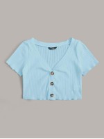 Button Front Rib-knit Crop Tee