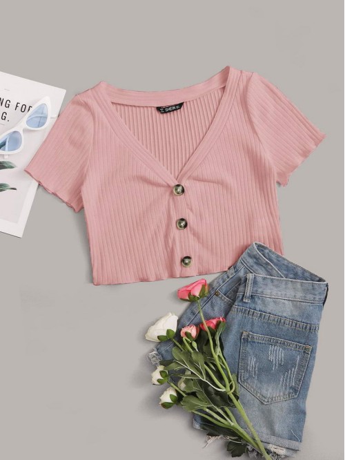 Button Front Lettuce Trim Crop Top