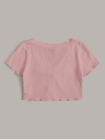 Button Front Lettuce Trim Crop Top