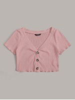 Button Front Lettuce Trim Crop Top