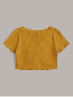 Button Front Lettuce Edge Rib-knit Crop Tee