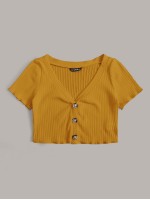 Button Front Lettuce Edge Rib-knit Crop Tee