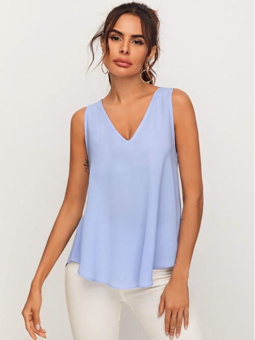 V-neck Curved Hem Flowy Top