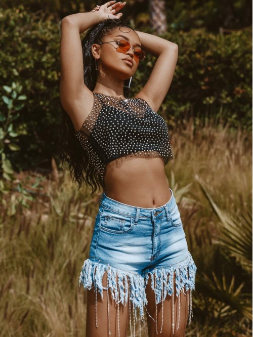 Rhinestone Sheer Mesh Diamond Grid Crop Top