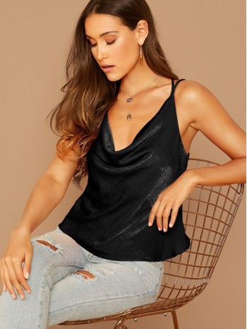 Double Strappy Draped Neck Satin Top