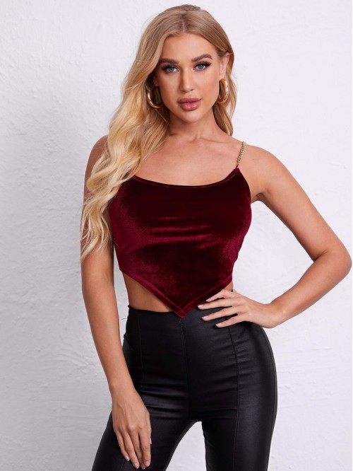 Chain Straps Asymmetrical Hem Velvet Crop Cami Top