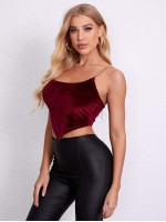 Chain Straps Asymmetrical Hem Velvet Crop Cami Top