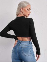 Ring Detail Asymmetrical Hem Rib-knit Top