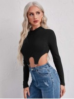 Ring Detail Asymmetrical Hem Rib-knit Top