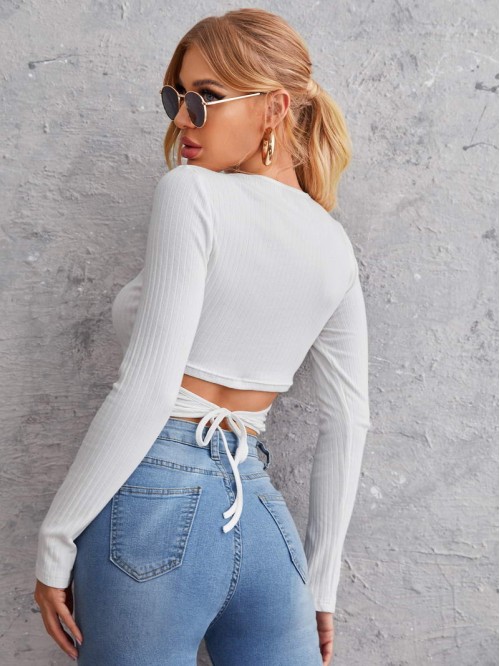 Tie Back Rib-knit Crop Top