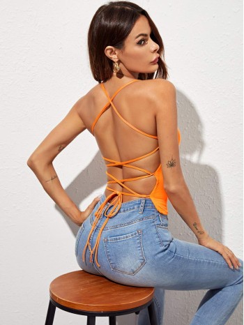 Neon Orange Lace Up Back Cami Top