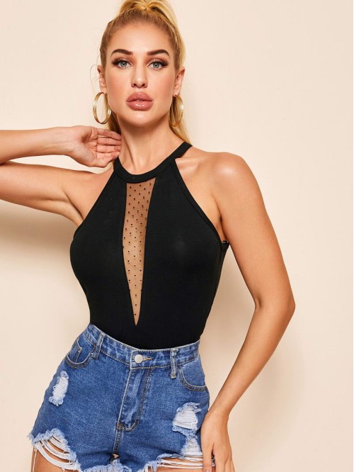 Sheer Mesh Insert Halter Top