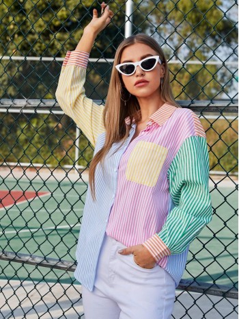 Collared Pocket Front Colorblock Striped Blouse