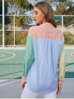 Collared Pocket Front Colorblock Striped Blouse