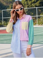 Collared Pocket Front Colorblock Striped Blouse