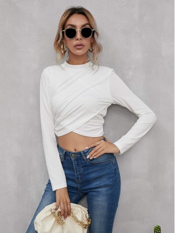 Mock Neck Cross Wrap Crop Tee