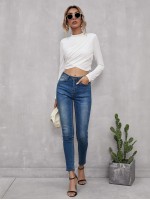 Mock Neck Cross Wrap Crop Tee