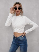 Mock Neck Cross Wrap Crop Tee