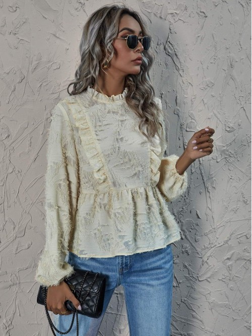 Fuzzy Frill Neck Ruffle Hem Blouse